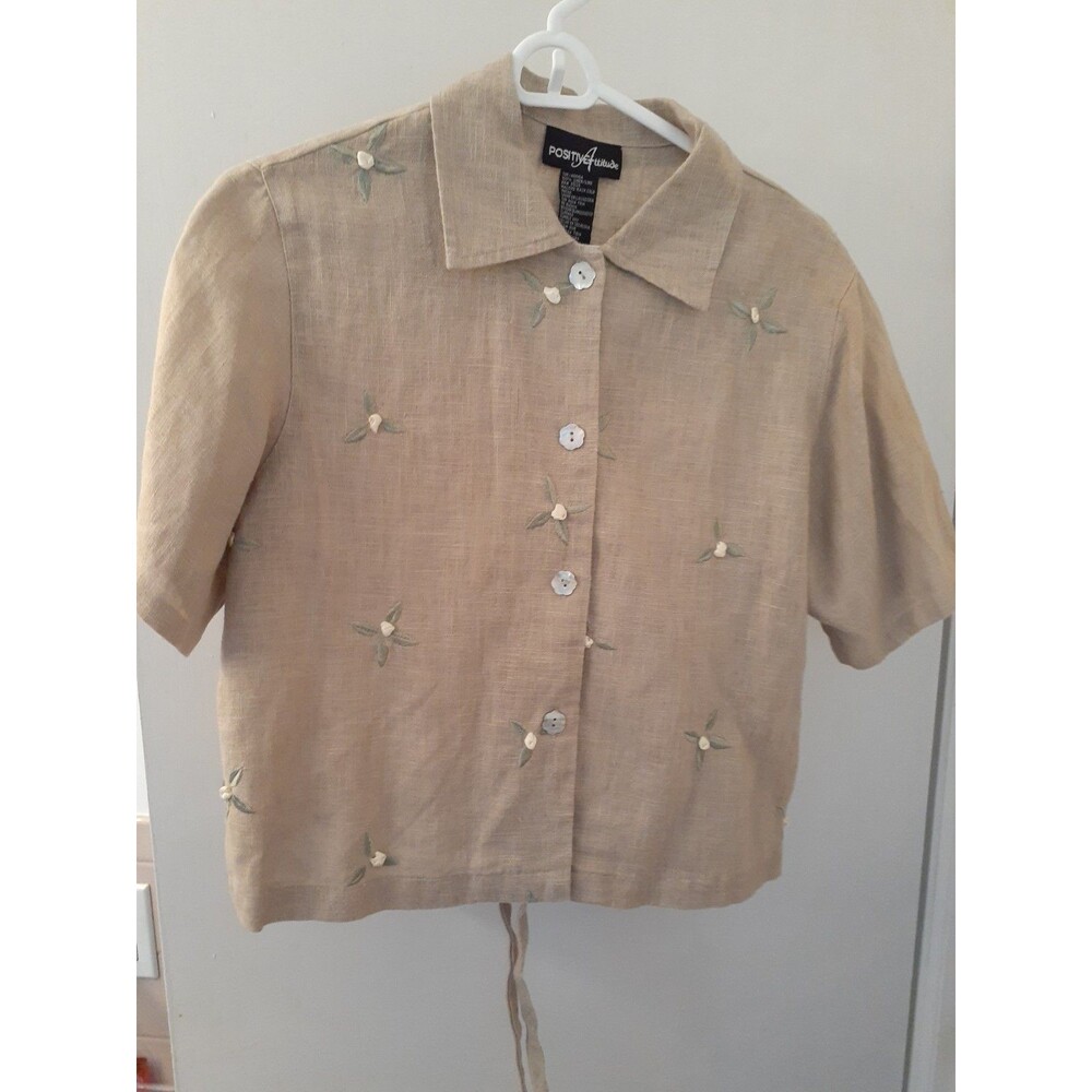 Positive Attitude 100% Linen Crop Top Embroidered Short Sleeve Beige Tan Shirt s